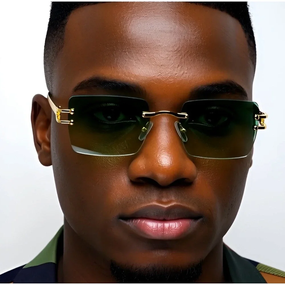 Frameless Square Men Women Sunglasses Gold Frame Green Tint Lens Fashion Eyewear